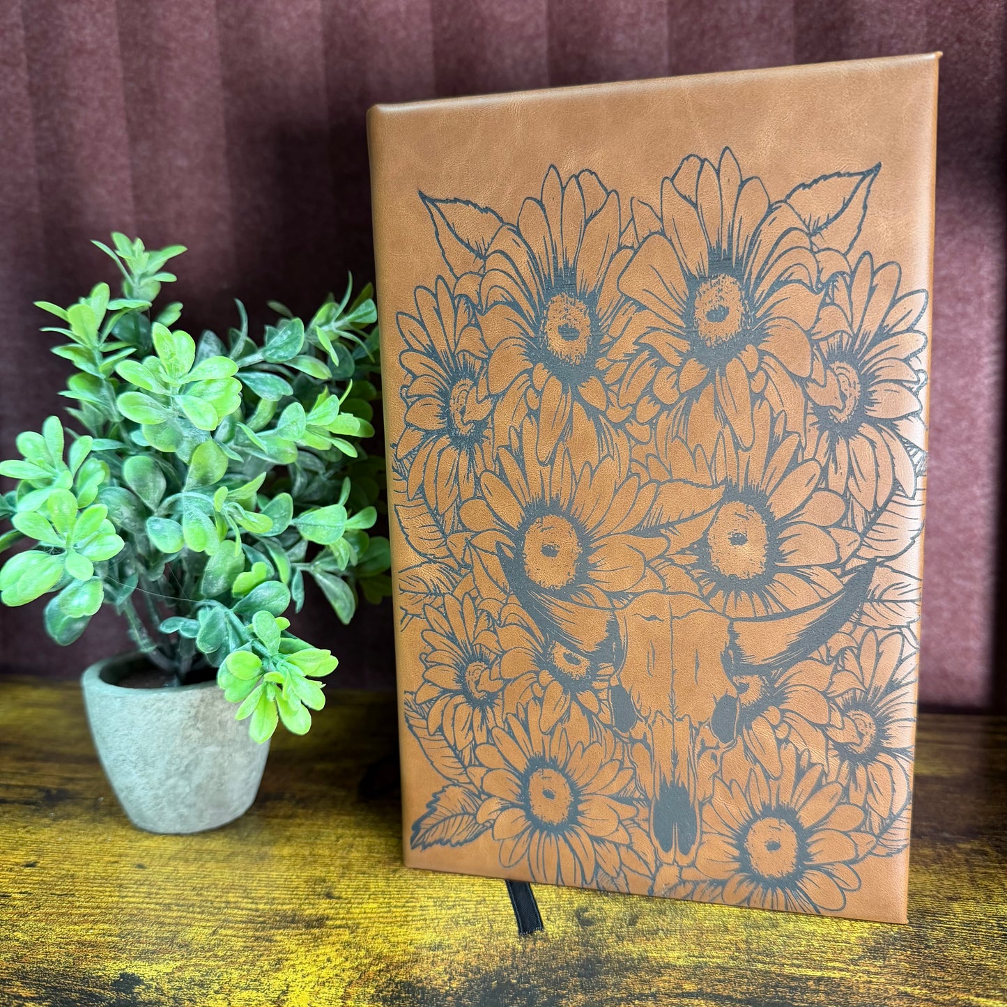 Sunflower &amp; Longhorn Skull Engraved Leatherette Journal – Western Floral Notebook for Writing, Sketching &amp; Daily Reflection
