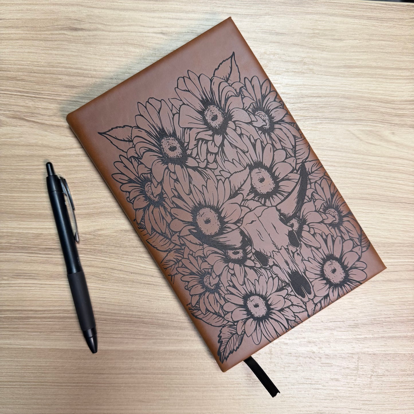 Sunflower &amp; Longhorn Skull Engraved Leatherette Journal – Western Floral Notebook for Writing, Sketching &amp; Daily Reflection