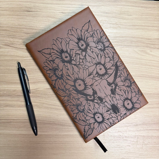 Sunflower &amp; Longhorn Skull Engraved Leatherette Journal – Western Floral Notebook for Writing, Sketching &amp; Daily Reflection