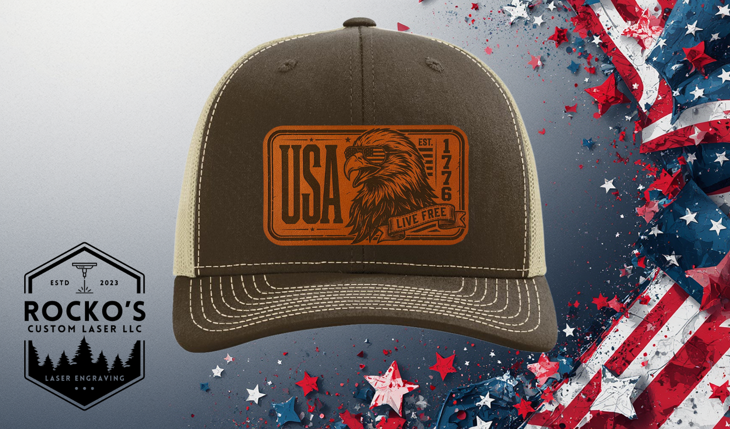 USA Live Free Eagle Leather Patch Hat | American Flag Hat | 4th of July Gift for Men