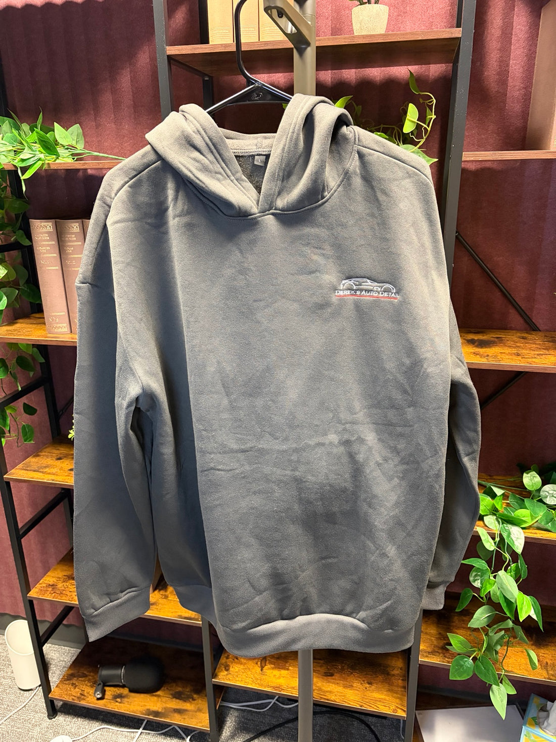 Front of Derek’s Auto Detail custom branded hoodie, made by Rocko’s